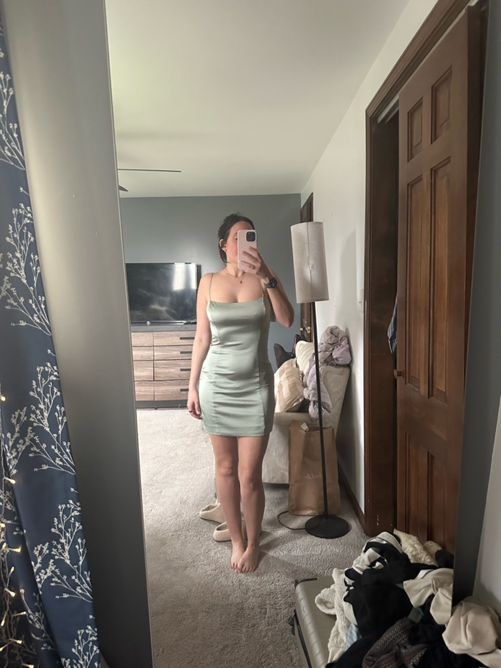 Sunday Best Satin Slip Mini Dress in Sage Green